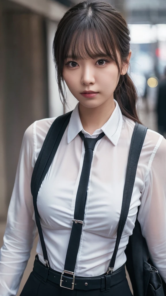 a woman in a suit, belt, hands behind back, sweating, suspenders, black pants, large breasts, see-through clothing, rain, detective, office worker, white button-up shirt, (best quality,4K,8k,highres,masterpiece:1.2),ultra-detailed,(realistic,photorealistic,photo-realistic:1.37),hyper-detailed,highly detailed face and body, Slender　thin　suspenders　Moderate breasts　See-through shirt　Nipples　holster　chain　Pistol　Armament　criminal　Female criminal　knife 　 Hands Behind Back　Constraints 程よい胸 黒いマスク
