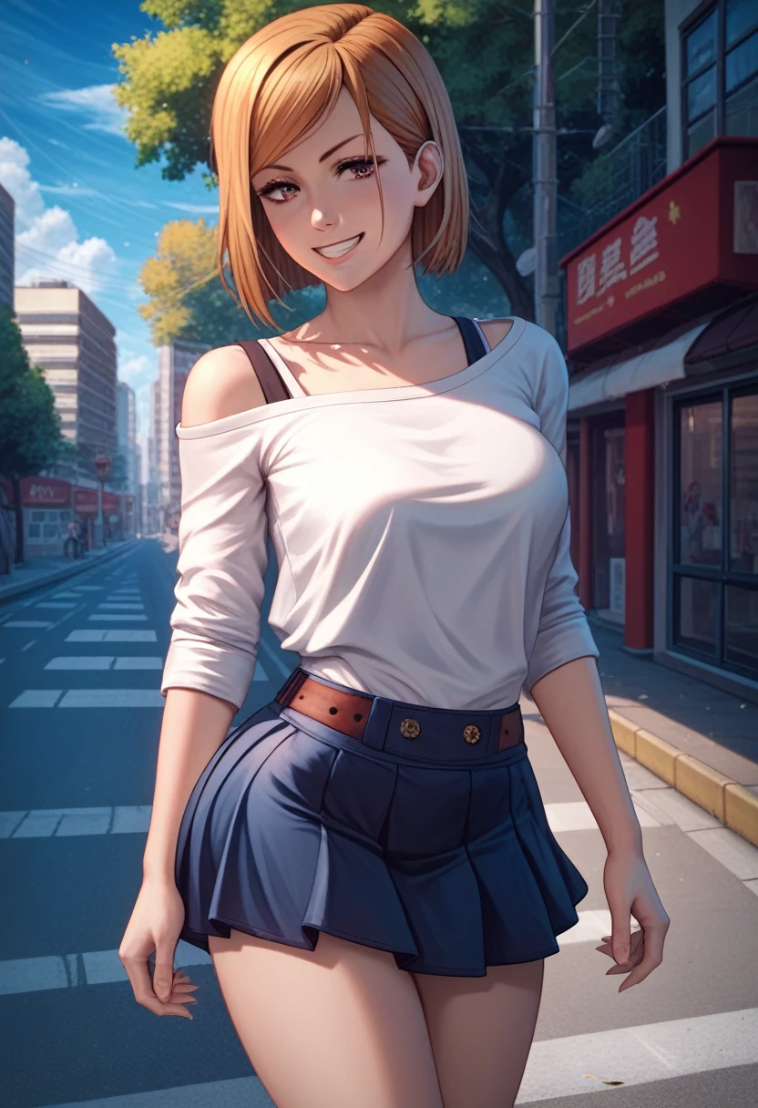 score_9, score_8_up, score_7_up,score_6_up, source_anime, solo, medium breast, wide hips, sharp gaze, seductive eyes, sakura tree on the side of the road, 1girl, kugisaki nobara, smile, looking at viewer , white shirt, off-shoulder shirt, red tight hoodie, short thight skirt, outdoors, city street, blue sky,4K,Detailed,4k highly detailed digital art,masterpiece,best quality,ligne claire,(cool_color),perfect composition,absurdres, {Highest quality}, {so beautiful}, {Very detailed}, {Best illustrations},{uncensored}