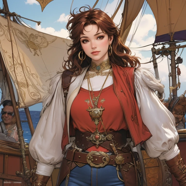 a 30-year-old redheaded female pirate captain, shoulder-length wavy hair, red bandana, large gold hoop earrings, loose white long-sleeved blouse, brown leather vest, belt with large square buckle, long brown pants, worn leather boots, holding a cutlass in a dramatic pose, on the deck of a pirate ship in the Caribbean, colorful, vivid, photorealistic, 8k, impressionism, illustration, art nouveau, by Alfons Mucha, anatomically correct, high resolution, artwork, best quality, super detailed, Plano americano, looking at the viewer