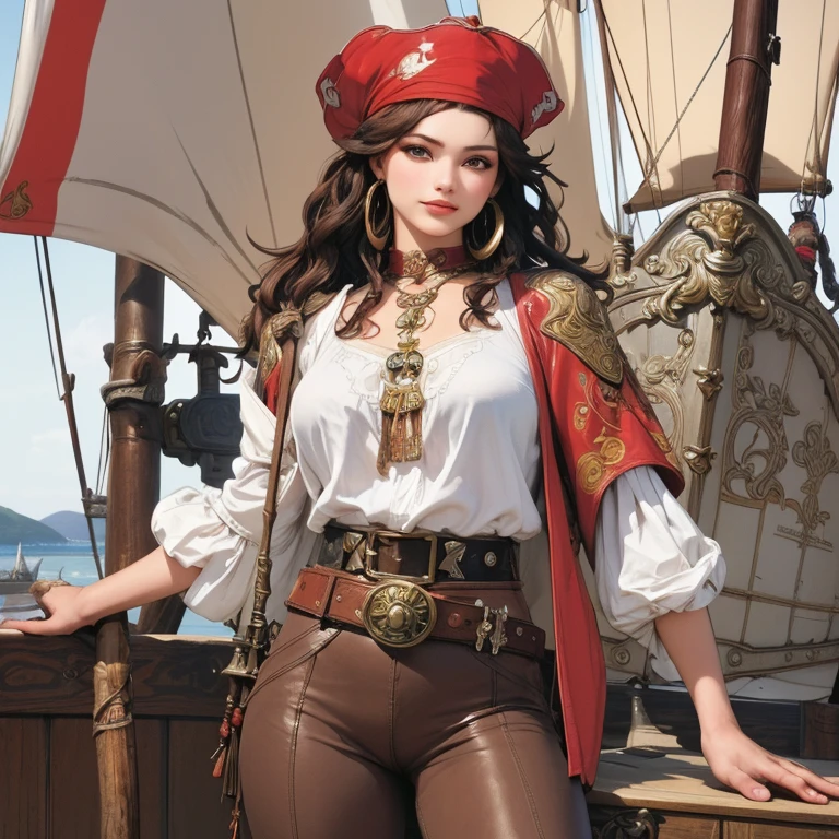 a 30-year-old redheaded female pirate captain, shoulder-length wavy hair, red bandana, large gold hoop earrings, loose white long-sleeved blouse, brown leather vest, belt with large square buckle, long brown pants, worn leather boots, holding a cutlass in a dramatic pose, on the deck of a pirate ship in the Caribbean, colorful, vivid, photorealistic, 8k, impressionism, illustration, art nouveau, by Alfons Mucha, anatomically correct, high resolution, artwork, best quality, super detailed, Plano americano, looking at the viewer