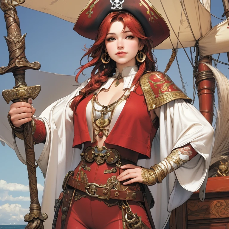 a 30-year-old redheaded female pirate captain, shoulder-length wavy hair, red bandana, large gold hoop earrings, loose white long-sleeved blouse, brown leather vest, belt with large square buckle, long brown pants, worn leather boots, holding a cutlass in a dramatic pose, on the deck of a pirate ship in the Caribbean, colorful, vivid, photorealistic, 8k, impressionism, illustration, art nouveau, by Alfons Mucha, anatomically correct, high resolution, artwork, best quality, super detailed, Plano americano, looking at the viewer