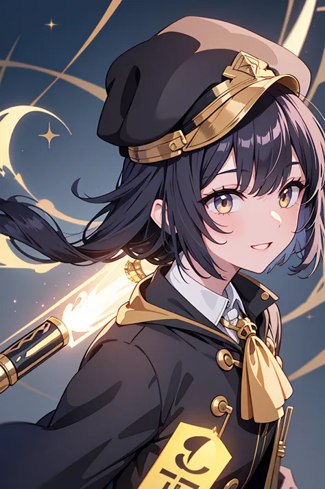 black-haired boy, fluffy hair, golden eyes, newsboy cap, wizard, fantasy world, magic wand, ether, cute smile