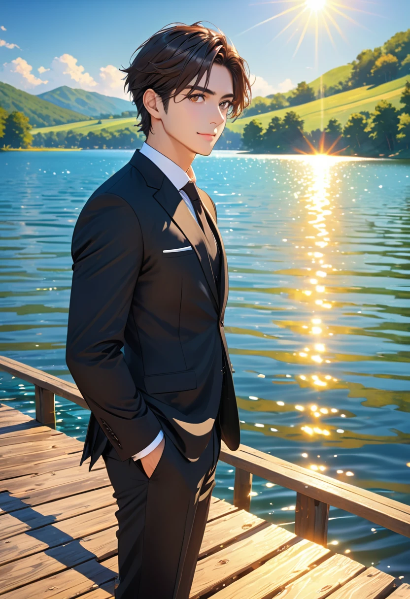 (masterpiece, Best Quality:1.2), One Man、(side), Brown eyes, Beautiful Face, beautiful eyes, Black Suit、Backlight, Standing on the pier, (lake、Shining Water Surface), Wave, Summer landscape background, Vibrant colors, Bright sunlight, 8k, Ultra HD