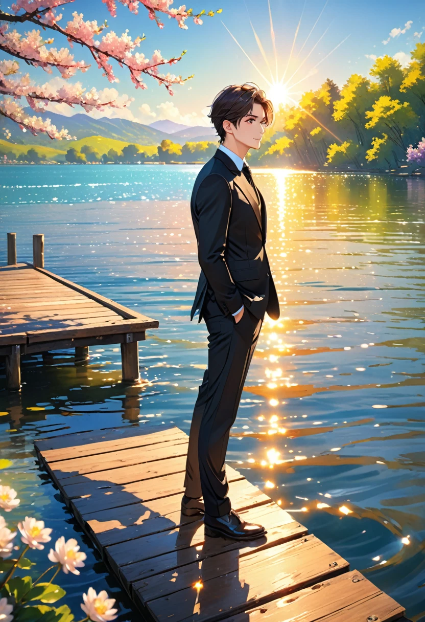 (masterpiece, Best Quality:1.2), One Man、(side), Brown eyes, Beautiful Face, beautiful eyes, Black Suit、Backlight, Standing on the pier, (lake、Shining Water Surface), Wave, Spring landscape background, Vibrant colors, Bright sunlight, 8k, Ultra HD、Side Shot