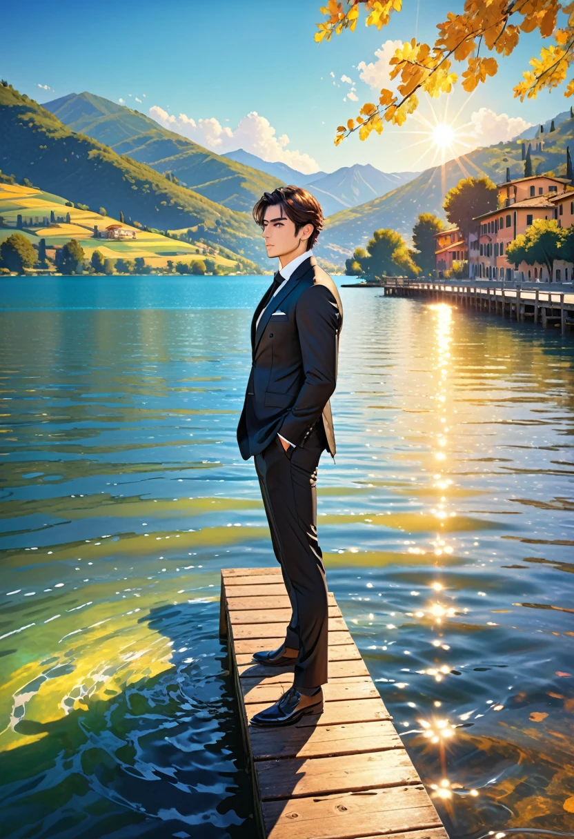 (masterpiece, Best Quality:1.2), One Man、(side), Brown eyes, Beautiful Face, beautiful eyes, Black Suit、Backlight, Standing on the pier, (lake、Shining Water Surface), Wave, Italian landscape background, Vibrant colors, Bright sunlight, 8k, Ultra HD、Side Shot