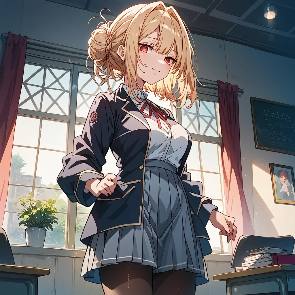 score_9, score_8_up, score_7_up, score_6_up, score_5_up, score_4_up, angelica,  1female,ysk, milf, Blonde, Medium Hair, Hair bun on the upper back of the head, Red Eye, school uniform, Grey pleated skirt, Red ribbon, Black jacket, Seductive smile、face focus, pantyhose, School courtyard break masterpiece、hasselblad, 16K, highres, super details, uhd, masterpiece、Beautiful attention to detail:1.2, Perfect lighting, (perfect hand, perfect anatomy), Precise depiction、Vibrant colors