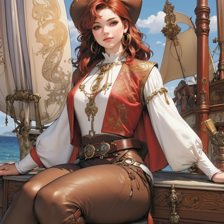 a 30-year-old redhead pirate captain, shoulder-length wavy hair, red bandana, large gold hoop earrings, loose long-sleeved white blouse, brown leather vest, belt with large square buckle, long brown pants, worn leather boots, holding a cutlass in a dramatic pose, on the deck of a pirate ship in the Caribbean, colorful, vivid, photorealistic, 8k, impressionism, illustration, art nouveau, by Alfons Mucha, anatomically correct, high resolution, masterpiece, best quality, super detailed