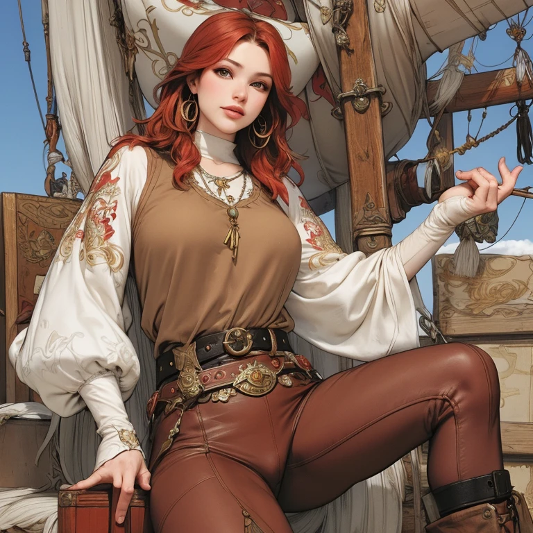 a 30-year-old redhead pirate captain, shoulder-length wavy hair, red bandana, large gold hoop earrings, loose long-sleeved white blouse, brown leather vest, belt with large square buckle, long brown pants, worn leather boots, holding a cutlass in a dramatic pose, on the deck of a pirate ship in the Caribbean, colorful, vivid, photorealistic, 8k, impressionism, illustration, art nouveau, by Alfons Mucha, anatomically correct, high resolution, masterpiece, best quality, super detailed