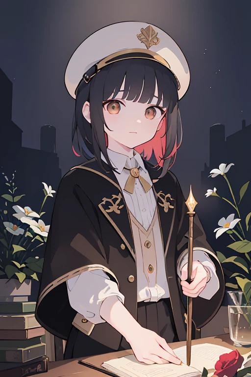 a young boy with black hair, golden eyes, wearing a newsboy cap, a fantasy wizard, in a fantasy world, holding a magic wand, casting flower magic, (best quality, 4k, 8k, highres, masterpiece:1.2), ultra-detailed, magical, vibrant colors, dramatic lighting, intricate details, fantasy art