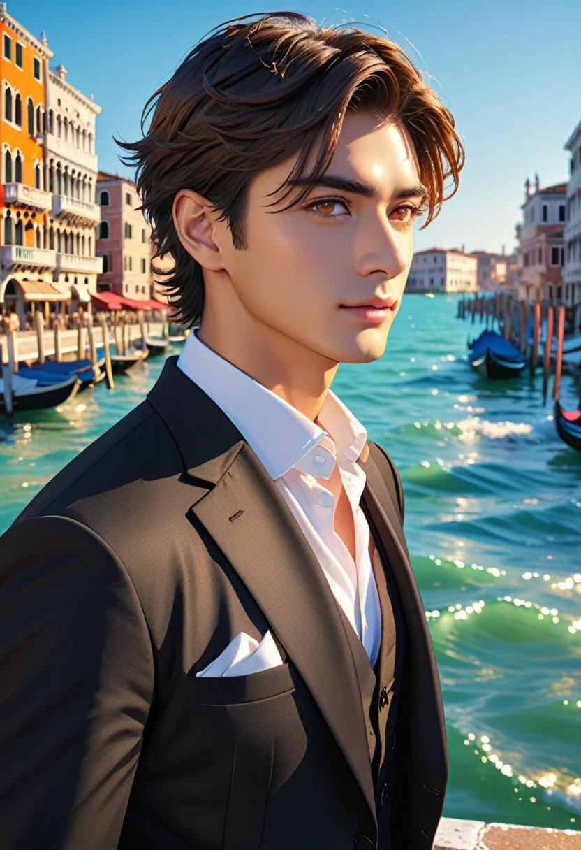 (masterpiece, Best Quality:1.2), One Man、(side), Brown eyes, Beautiful Face, beautiful eyes, Black Suit、Backlight, Standing on the quay of the harbor, (sea、Shining Water Surface), Wave, Venice landscape background, Vibrant colors, Bright sunlight, 8k, Ultra HD、Side Shot