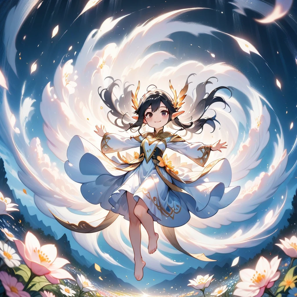 1 elven girl, solo, full body, Suspended in the air with open arms, surrounded by a swirl of flowers, noble smile, black Hair, black eyes. drooping thin Pointed Ears, white long dress with puff sleeves, bare foot