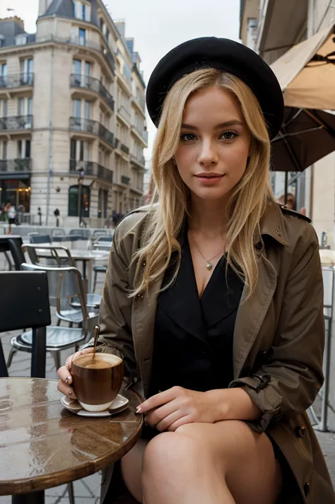 a blonde woman sitting at a chic outdoor café in paris, wearing a beret and a trench coat. she has a book open on the table besi...