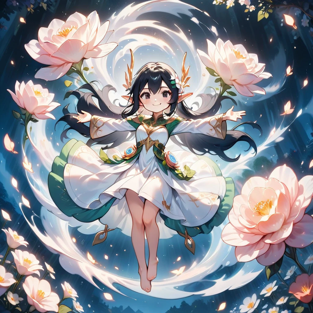 1 elven girl, solo, full body, Suspended in the air with open arms, surrounded by a swirl of flowers, noble smile, black Hair, black eyes. drooping thin Pointed Ears, white long dress with puff sleeves, bare foot