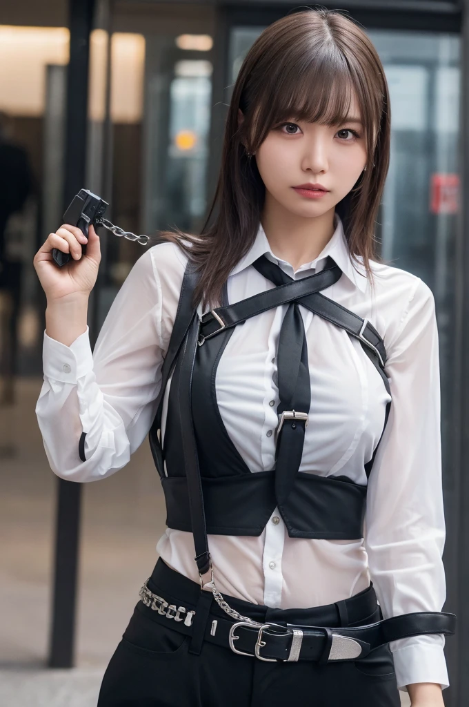 a woman in a suit, belt, hands behind back, sweating, suspenders, black pants, large breasts, see-through clothing, rain, detective, office worker, white button-up shirt, (best quality,4K,8k,highres,masterpiece:1.2),ultra-detailed,(realistic,photorealistic,photo-realistic:1.37),hyper-detailed,highly detailed face and body, Slender　thin　suspenders　Moderate breasts　See-through shirt　Nipples　holster　chain　Pistol　Armament　criminal　Female criminal　knife 　 Hands Behind Back　Constraints 程よい胸 黒いマスク
