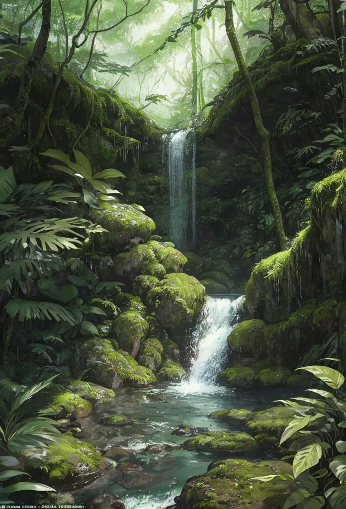 a photorealistic image of a waterfall cascading down a moss-covered cliff in a lush, fern-filled forest. the sunlight filters th...