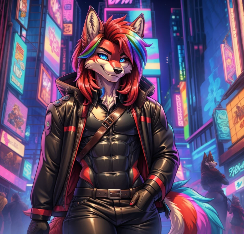 Best quality, Super detailed illustration, cartoon illustration, a furry male wolf, blue eyes, village clothing, detailed face and body, disheveled thick rainbow colored long hair, dark red fur, two-tone dark red fur, red wolf tail, black leather coat, red pants, smug smile, beautifully detailed eyes, against the background of Times Square in the cyberpunk era, retrowave, skinny, wide hips, style