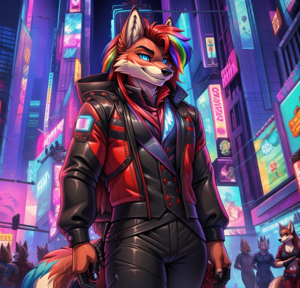 Best quality, Super detailed illustration, cartoon illustration, a furry male wolf, blue eyes, village clothing, detailed face and body, disheveled thick rainbow colored long hair, dark red fur, two-tone dark red fur, red wolf tail, black leather coat, red pants, smug smile, beautifully detailed eyes, against the background of Times Square in the cyberpunk era, retrowave, skinny, wide hips, style