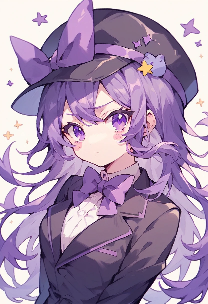 black hat with purple stripe, black suit, bow on hat, bow tie, purple hair, purple eyes, stickers, biaoqing