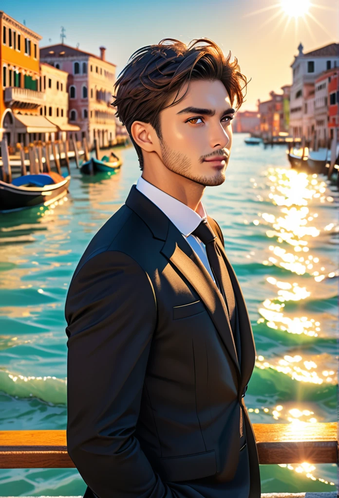 (masterpiece, Best Quality:1.2), One Man、(side), Brown eyes, Beautiful Face, beautiful eyes, Black Suit、Backlight, Standing on the quay of the harbor, (sea、Shining Water Surface), Wave, Venice landscape background, Vibrant colors, Bright sunlight, 8k, Ultra HD、Side Shot、Stubble