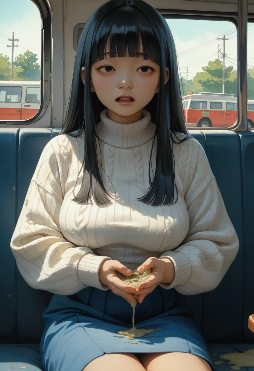 (drama,asian,imagem sem fundo,watercolor:1.1)black hair,long hair,straight hair,blunt bangs,large breasts,white sweater,blue skirt,vomit,in bus,front view