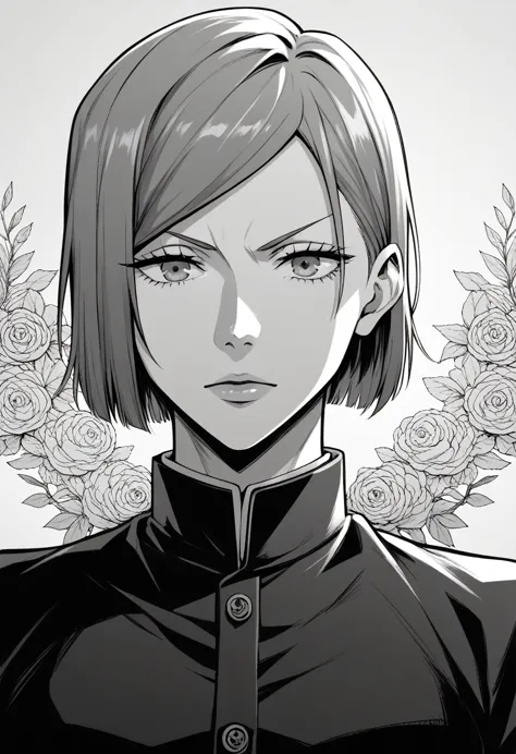 score_9, score_8_up, score_7_up, score_6_up, 1girl. greyscale, nobara kugisaki, bob cut, short hair, manga style, anime aestheti...