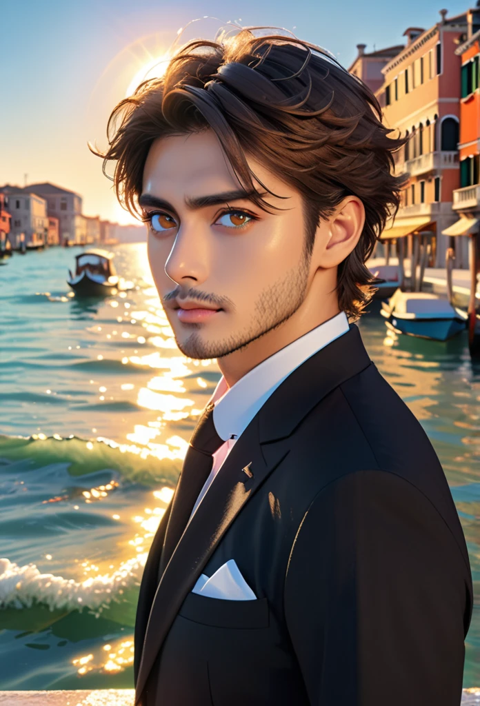 (masterpiece, Best Quality:1.2), One Man、Japanese、(side), Brown eyes, Beautiful Face, beautiful eyes, Big eyes、Black Suit、Backlight, Standing on the quay of the harbor, (sea、Shining Water Surface), Wave, Venice landscape background, Vibrant colors, Bright sunlight, 8k, Ultra HD、Side Shot、Stubble