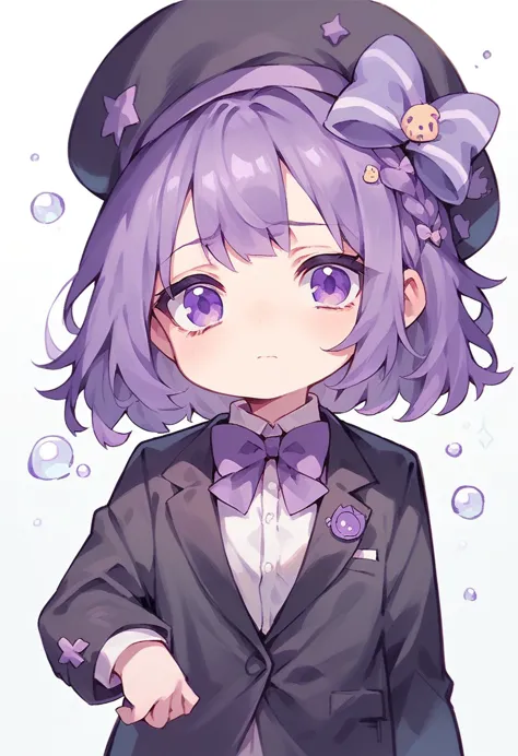 (chibi), 1girl, solo, black hat with purple stripe, black suit, bow on hat, bow tie, purple hair, purple eyes, looking at viewer...