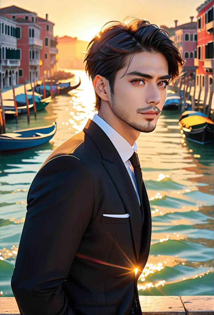 (masterpiece, Best Quality:1.2), One Man、Japanese、(side), Brown eyes, Beautiful Face, beautiful eyes, Big eyes、Black Suit、Backlight, Standing on the quay of the harbor, (sea、Shining Water Surface), Wave, Venice landscape background, Vibrant colors, Bright sunlight, 8k, Ultra HD、Side Shot、Stubble around the chin