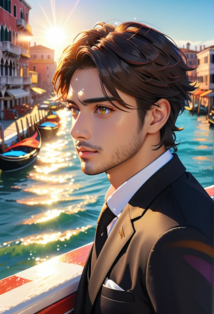 (masterpiece, Best Quality:1.2), One Man、Japanese、(side), Brown eyes, Beautiful Face, beautiful eyes, Big eyes、Black Suit、Backlight, Standing on the quay of the harbor, (sea、Shining Water Surface), Wave, Venice landscape background, Vibrant colors, Bright sunlight, 8k, Ultra HD、Side Shot、Stubble、No beard under the nose