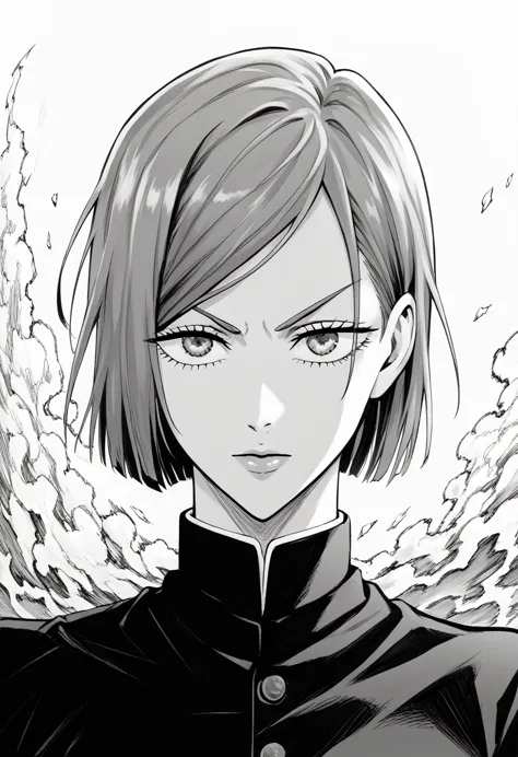 score_9, score_8_up, score_7_up, score_6_up, 1girl. greyscale, nobara kugisaki, bob cut, short hair, manga style, anime aestheti...