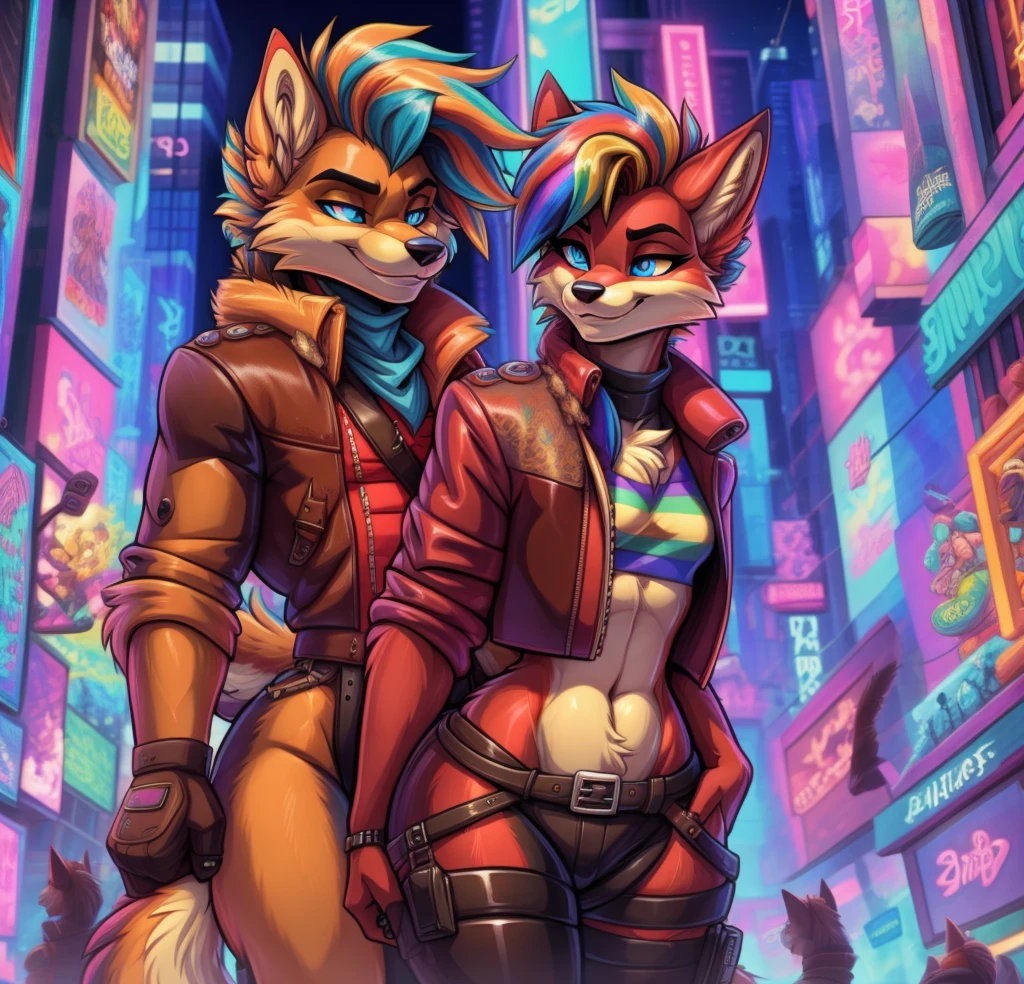 Best quality, Super detailed illustration, cartoon illustration, a furry male wolf, blue eyes, village clothing, detailed face and body, disheveled thick rainbow colored hair, dark red fur, two-tone dark red fur, red wolf tail, blue and yellow striped leather coat, red pants, smug smile, beautifully detailed eyes, against the background of Times Square in the cyberpunk era, retrowave, skinny, wide hips, style