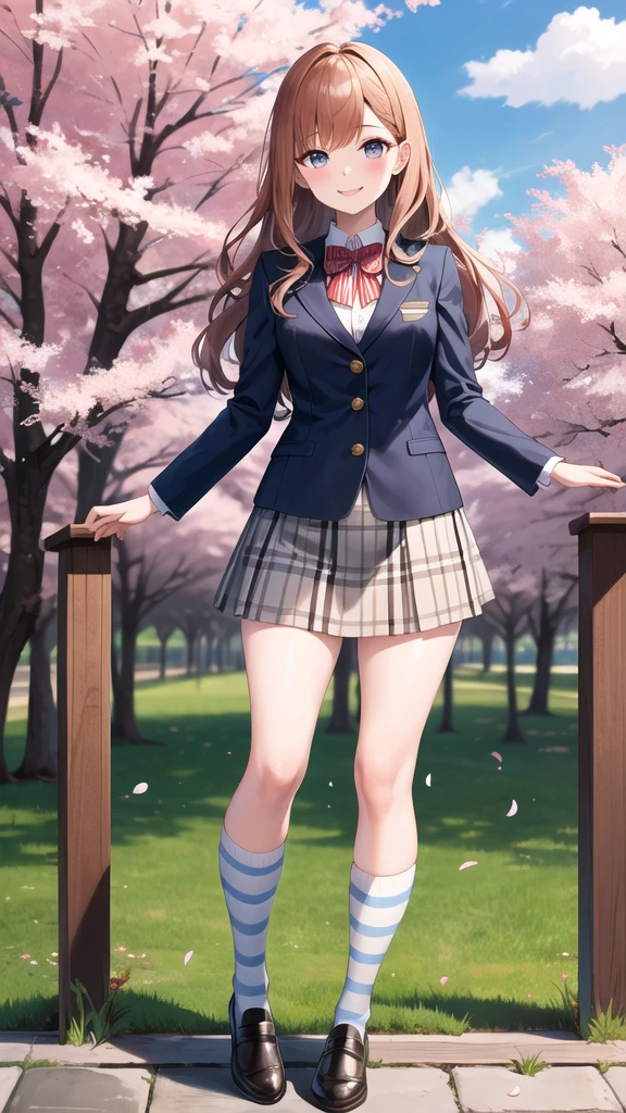 masterpiece, Best Quality, High resolution, Aerina, Long Hair, Red ribbon, striped bow, blazer, Blue jacket, Long sleeve, Checked skirt, Brown Skirt, Black knee socks, smile, Place your arms behind your back, cherry blossoms, Standing, Outdoor, It&#39;s over,