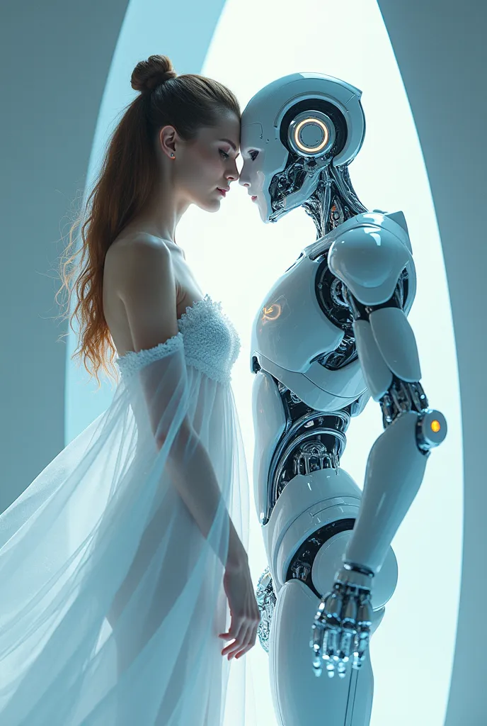 beautiful woman and male robot, wharing holographic white transparent  dress light futuristic 