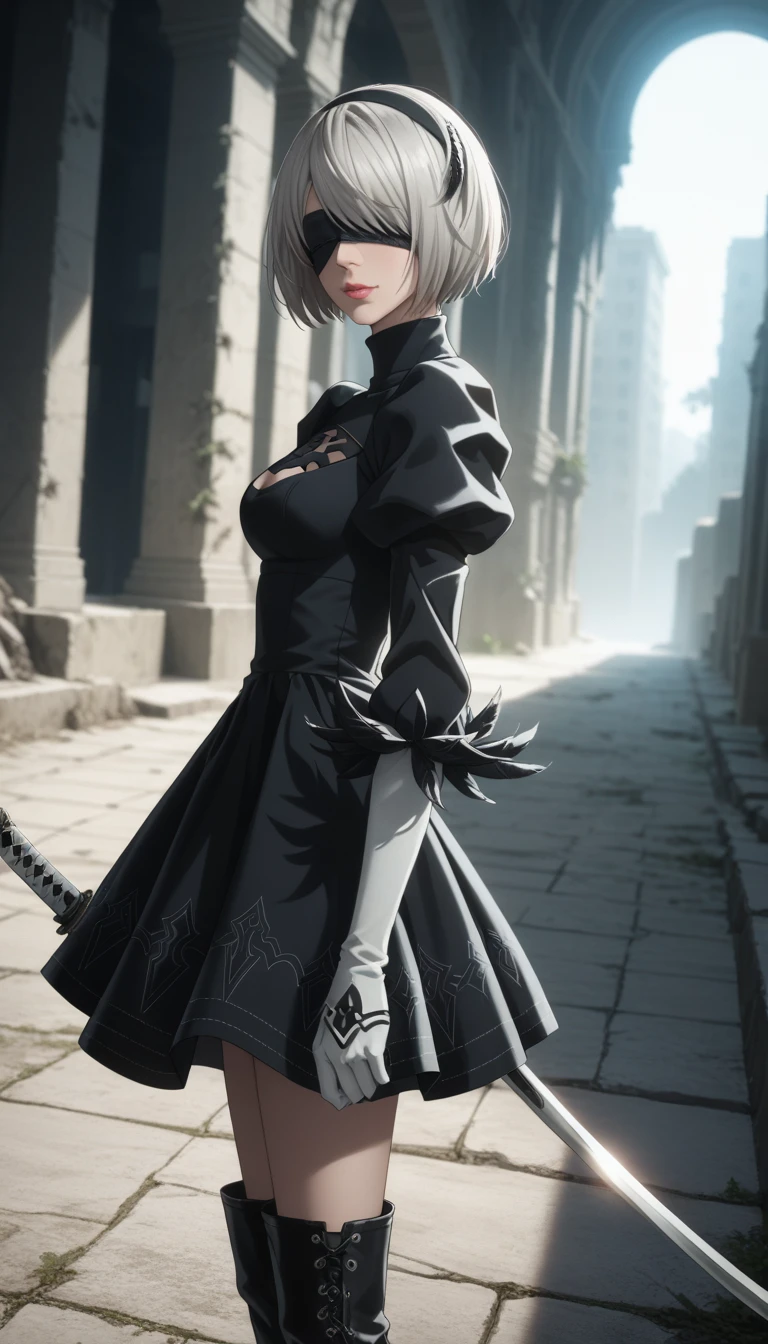 score_9, score_8_up, score_7_up, 32k,masterpiece, highest quality, photo realistic, vibrant colors, chiaroscuro lighting, cinematic lighting,
2B Nier Automata, 
bob cut, gray hair, bangs, blindfold, pink lips,
black goth dress, long sleeve, Juliet sleeve, white gloves, turtleneck, feather ornament, feather ornament sleeves, black leather boots, katana,
ruins, a ruined world, a devastated battlefield, picturesque, beautiful scenery, fantastic night sky
seductive pose, cinematic angle,