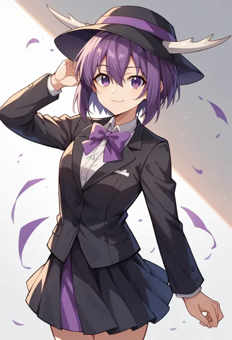 1girl, solo, black hat with purple stripe, black suit, bow on hat, bow tie, purple hair, purple eyes, black skirt, looking at vi...