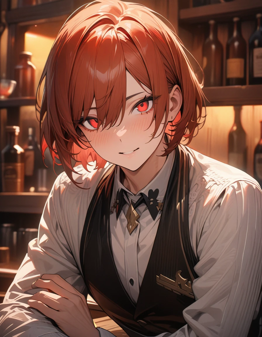 (((Absurd, High resolution, Super detailed, High resolution, masterpiece, Best Quality, Very detailed, Delicate features, Noise Reduction))), One person, 1 person,  good looking, (((Short Hair))), View your viewers,Tavern,Red Hair,Red Eyes,male,bartender