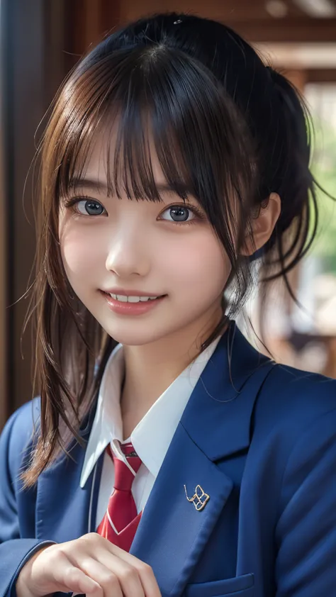 ((masterpiece, best quality, high resolution)), japanese schoolgirl、(realistic: 1.4), smile、great face,glossy lips、age 15, ponyt...