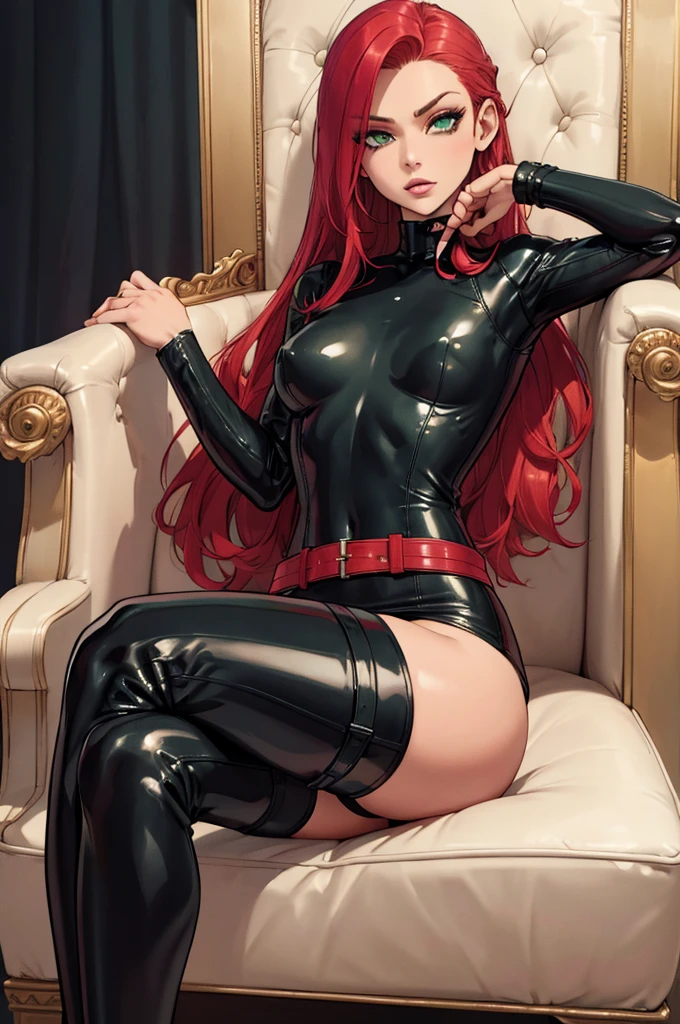 slim body, only tight leather clothes, domina leather clothes, small girl, sitting on a throne, sitting on a armchair  full body, ass, red-pinkish hair, green eyes, medium big breasts, holding a riding crop, dominant seductive facial expression, leather miniskirt, sitting laterally, (Reitpeitsche halten:1.2)