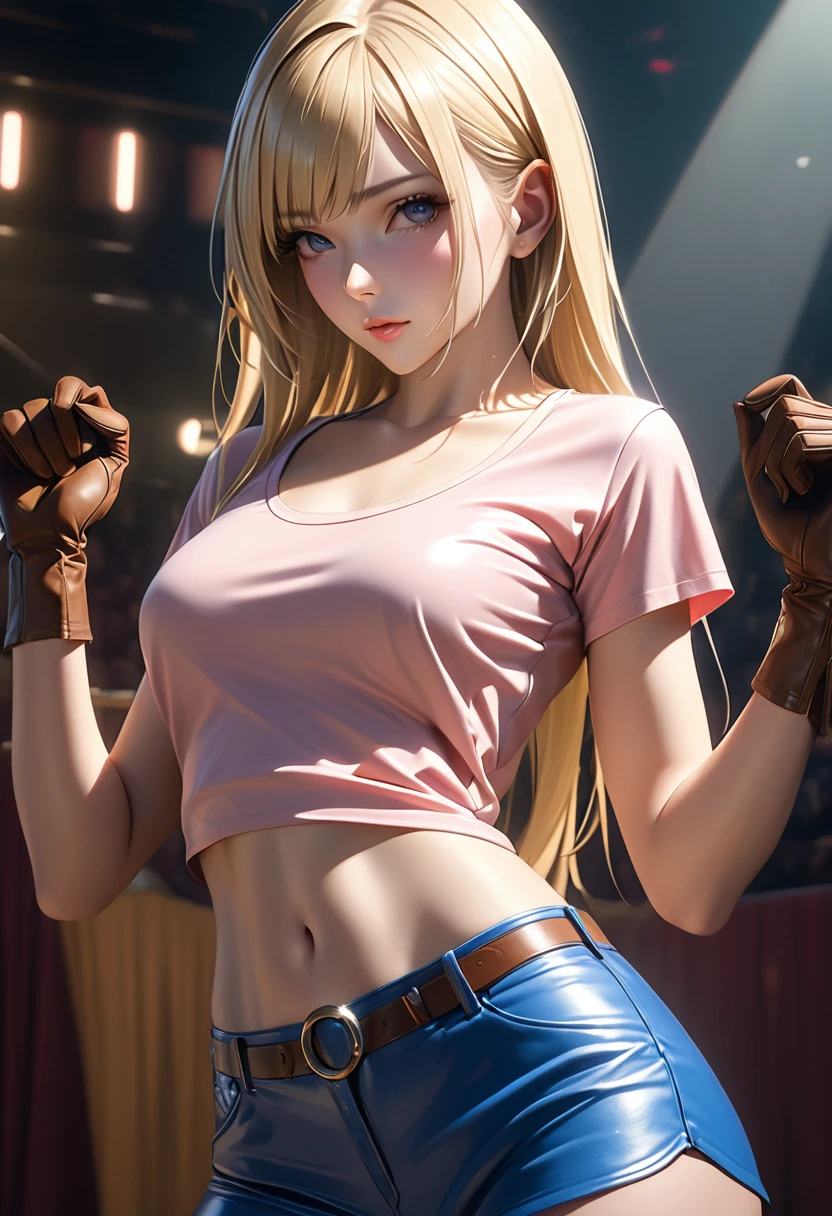 Realistic, 1 girl, Long blonde hair, Side bangs, Tight plain pink leather t-shirt, Scoop neck, Navel exposed, Blue leather shorts, Brown belt with oval buckle, Brown small gloves, Seductive pose, high quality, Super detailed, 8k, masterpiece, Cinema Lighting, Dramatic Shadows, Vibrant colors, Photorealistic, Intricate details, elegant, Fashion Edit