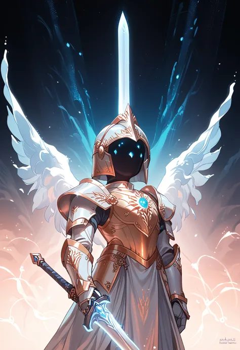 detailed white shiny armor, detailed white helmet, detailed large white sword, mystical gold jewels in armor, white hole cosmic ...