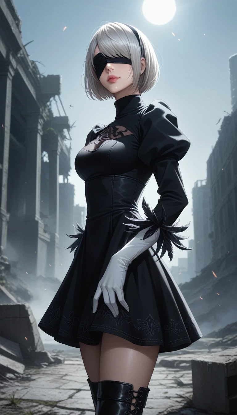 score_9, score_8_up, score_7_up, 32k,masterpiece, highest quality,
photo realistic, vibrant colors, chiaroscuro lighting, cinematic lighting,
2B Nier Automata, 
bob cut, gray hair, bangs, blindfold, pink lips,
black goth dress, long sleeve, Juliet sleeve, white gloves, turtleneck, feather ornament, feather ornament sleeves, black leather boots,
ruins, a ruined world, a devastated battlefield, picturesque, beautiful scenery, fantastic night sky
seductive pose, cinematic angle,