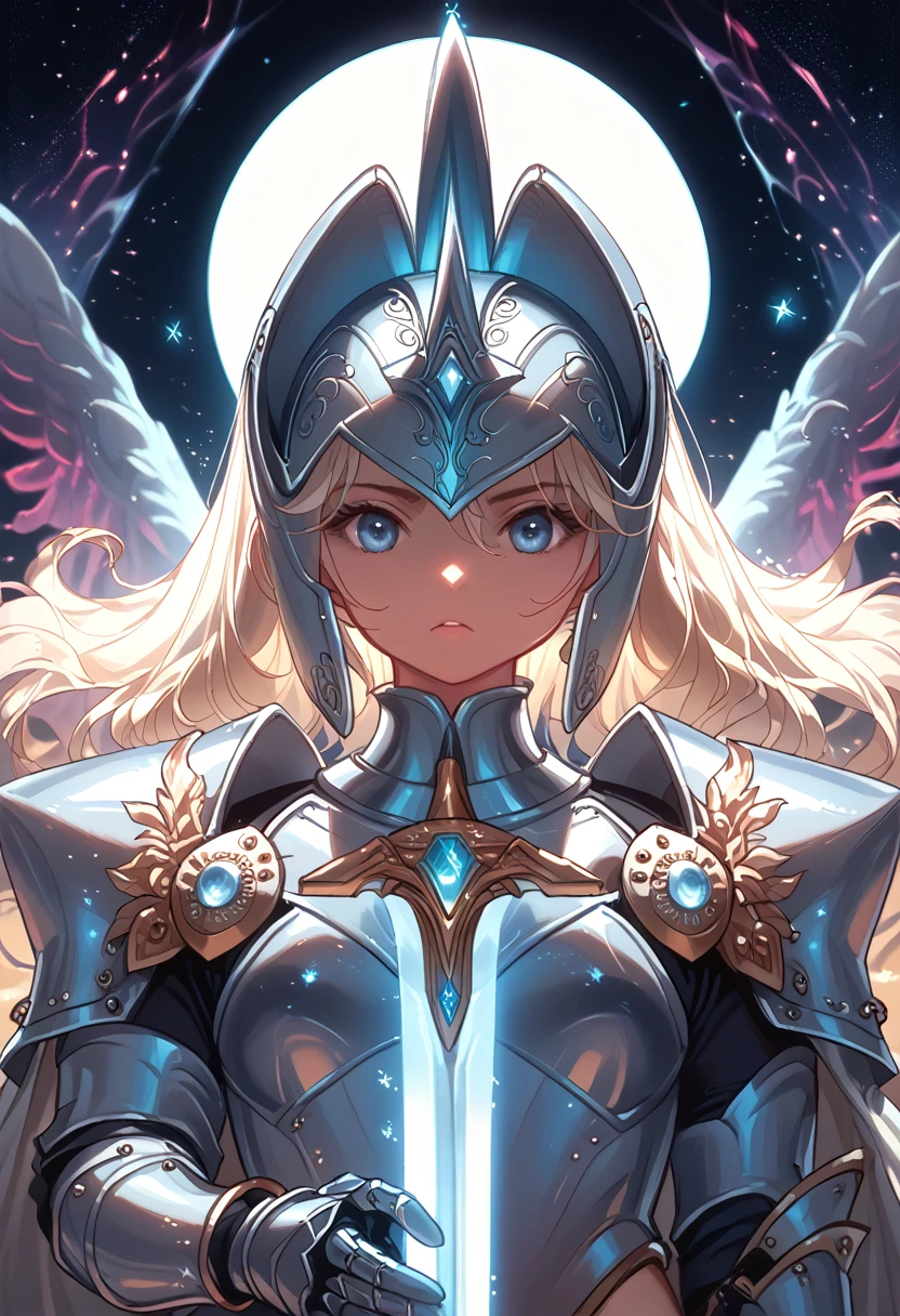 detailed white shiny armor, detailed white helmet, detailed large white sword, mystical gold jewels in armor, White Hole Cosmic Background, white aura, white neon lights