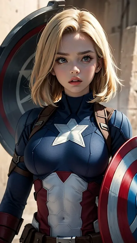 captain america、blue、woman、2、womanbody type、large breasts、blonde、hold your shield、upper body