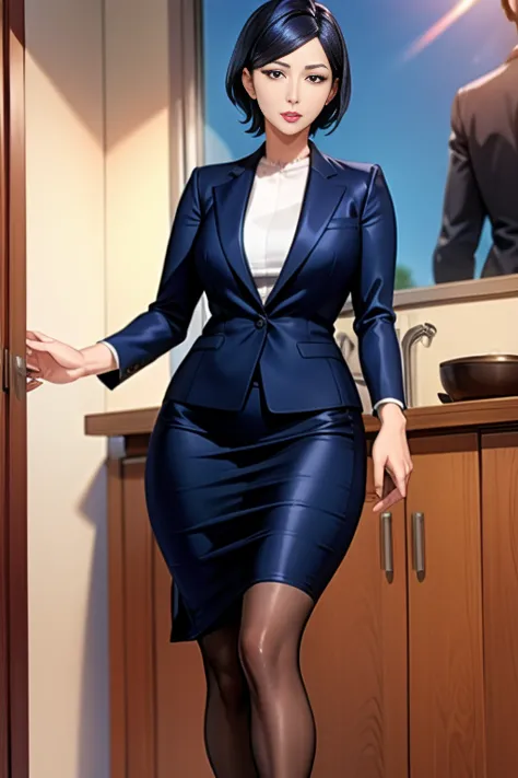 4 career woman in a suit,1 person、she is wearing a navy blue tight skirt under her suit.、hairstyle: short hair permanent