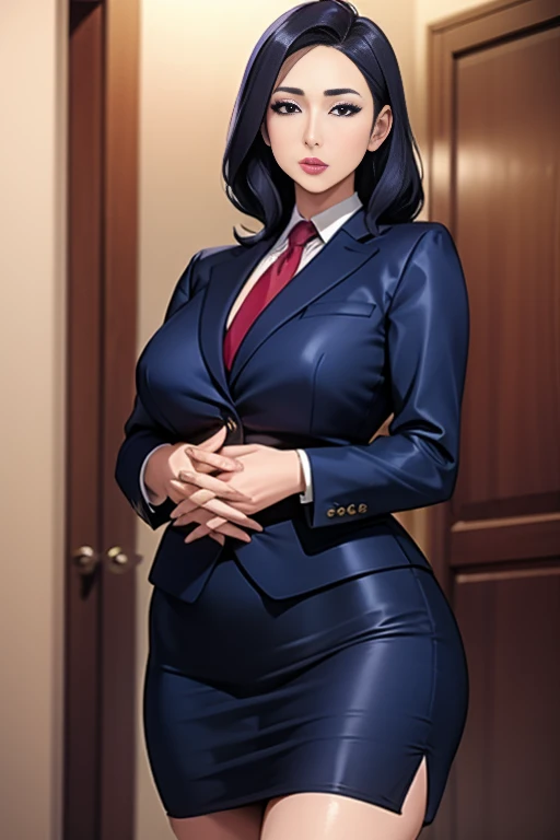 4 career woman in a suit,1 person、She is wearing a navy blue tight skirt under her suit.、Hair style: semi-long permanent