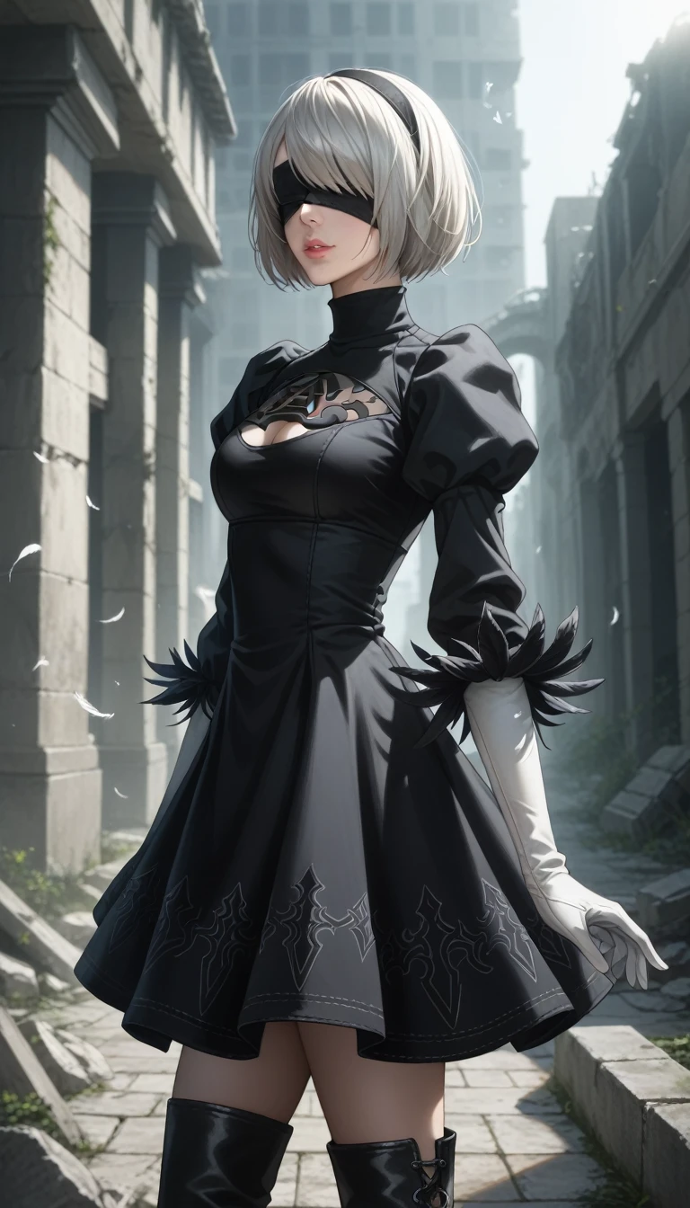 score_9, score_8_up, score_7_up, 32k,masterpiece, highest quality,
photo realistic, vibrant colors, chiaroscuro lighting, cinematic lighting,
2B Nier Automata, 
bob cut, gray hair, bangs, blindfold, pink lips,
black goth dress, long sleeve, Juliet sleeve, white gloves, turtleneck, feather ornament, feather ornament sleeves, black leather boots,
ruins, a ruined world, a devastated battlefield, picturesque, beautiful scenery, fantastic night sky
seductive pose, cinematic angle,