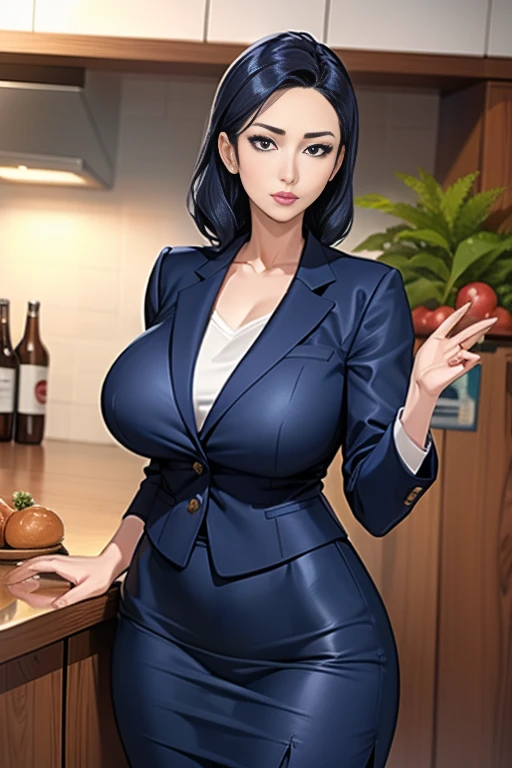 4 career woman in a suit,1 person、She is wearing a navy blue tight skirt under her suit.、Hair style: semi-long permanent、I got home and looked in the fridge,I took out the beer、