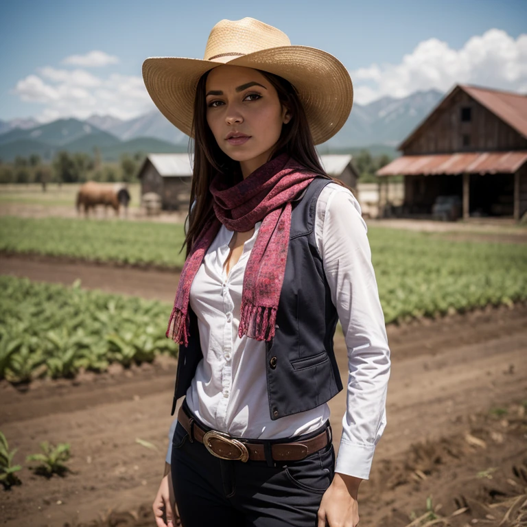 portrait of beautiful women on a dirty farm:1.2 , cowboy hat, fringed vest , trousers, scarf , confidence , medium breasts,