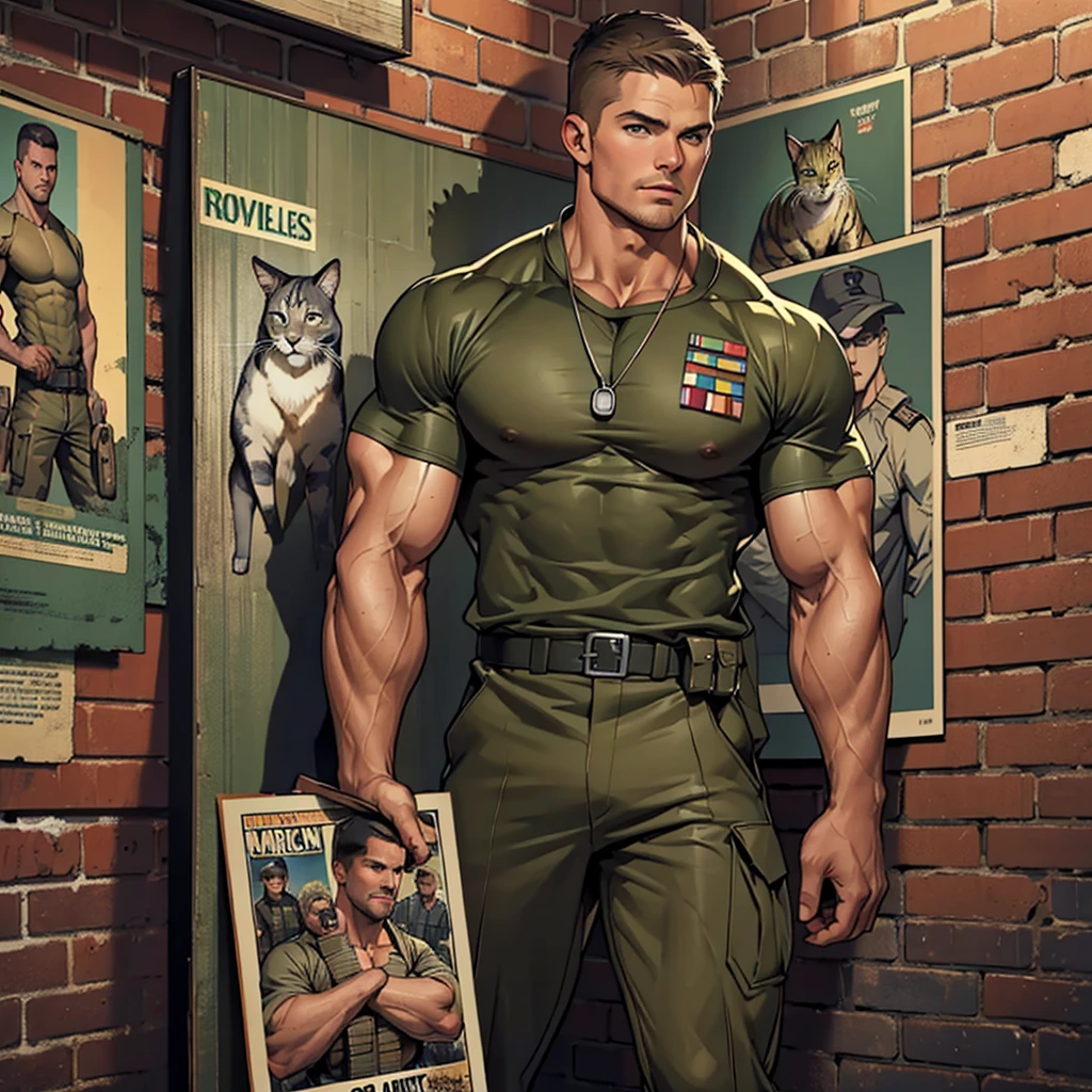 32k, high quality , detailed face , detailed hands , detailed muscles , stephen amell standing and  posing  as a military man ,standing with spread legs, showing his muscles  HOLDING A CAT IN HIS HANDS, ((background brick wall with lot of army posters ))