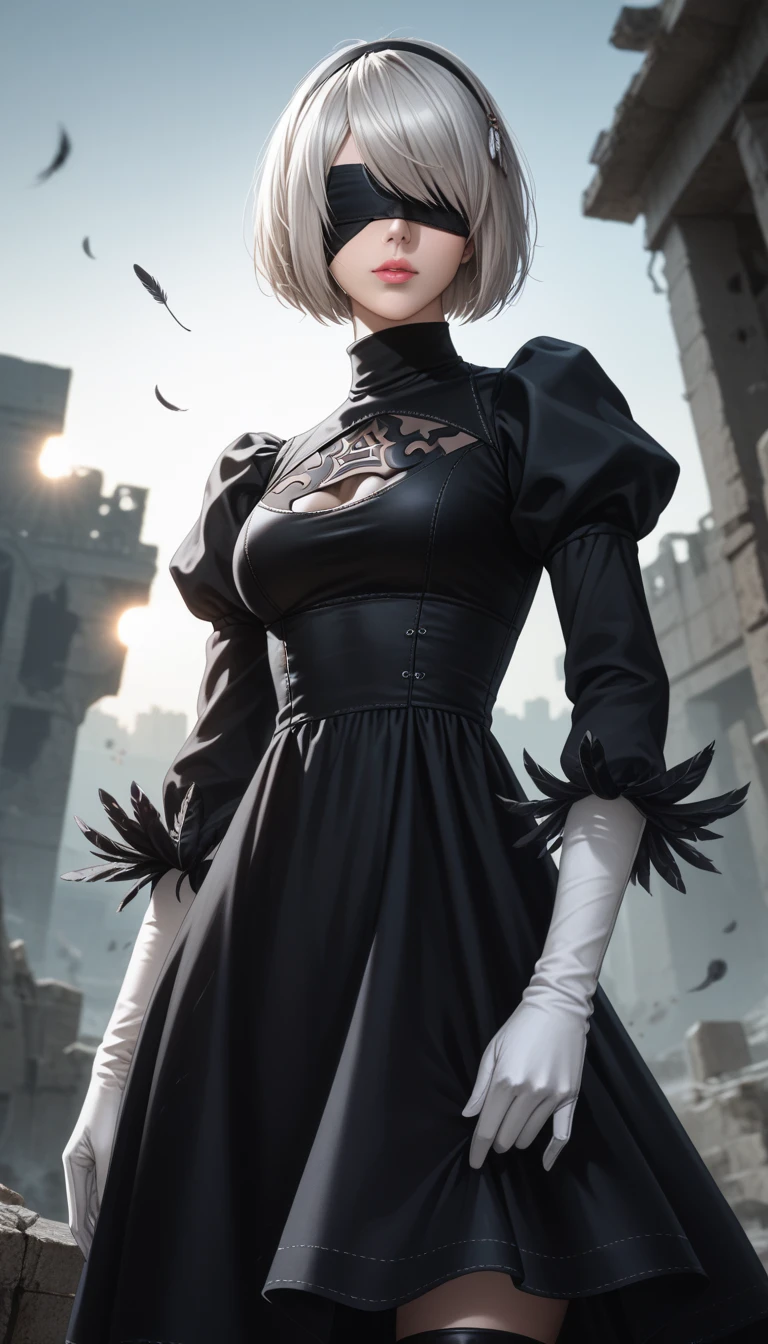 score_9, score_8_up, score_7_up, 32k,masterpiece, highest quality,
photo realistic, vibrant colors, chiaroscuro lighting, cinematic lighting,
2B Nier Automata, 
bob cut, gray hair, bangs, blindfold, pink lips,
black goth dress, long sleeve, Juliet sleeve, white gloves, turtleneck, feather ornament, feather ornament sleeves, black leather boots,
ruins, a ruined world, a devastated battlefield, picturesque, beautiful scenery, fantastic night sky
seductive pose, cinematic angle,